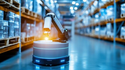 Automated warehouse robot with a robotic arm in a modern storage facility.