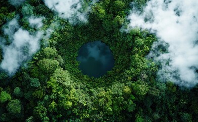 A top-down view of an entire rainforest with clouds and fog.This scene symbolizes environmentalism and hope for conservation efforts.