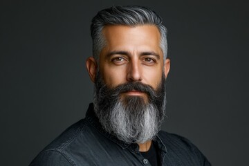 Fototapeta premium Man with a distinguished beard poses against a dark background showcasing confidence and style