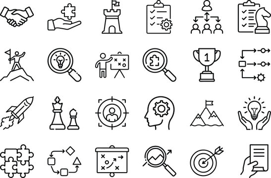 Business Strategy and Leadership Icons Set – Line Art Vector Illustration
