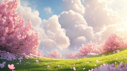 Fototapeta premium A cluster of cherry blossom trees in full bloom with bright green grass beneath and soft clouds above