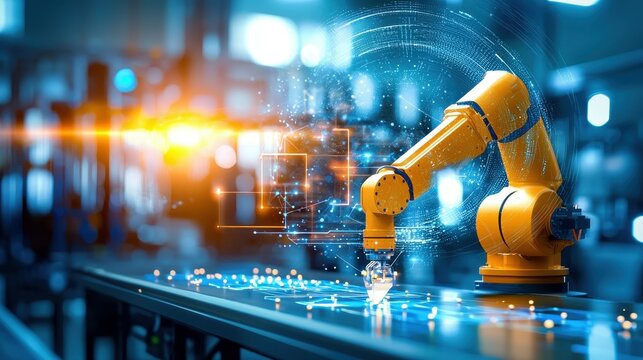 Industrial robotic arm with holographic interface in a futuristic factory setting.