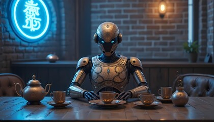 A futuristic scene with a humanoid robot standing in a brightly lit, high-tech environment, creating a powerful and advanced image.