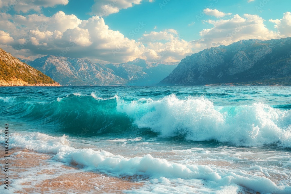 Poster waves crashing on a serene beach with mountains in the background during the late afternoon