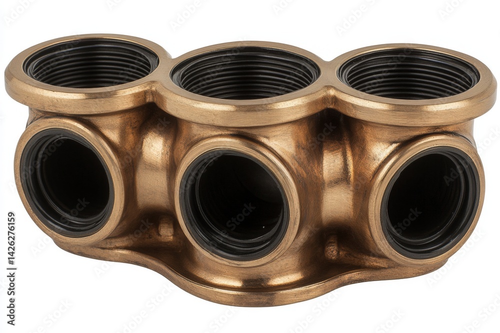Poster bronze manifold connector with three openings designed for plumbing systems in residential applicati