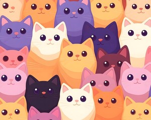 Colorful cartoon cats densely packed together, looking directly at the viewer