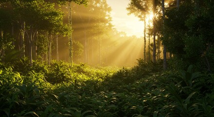 Golden Rays in Lush Forest - Sunbeams pierce a vibrant green forest, creating a magical, serene atmosphere. Perfect for nature, travel, and environmental themes