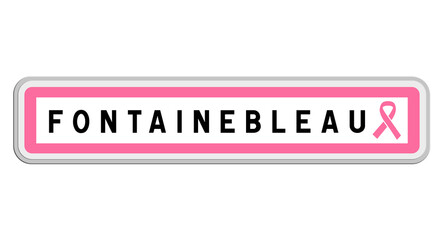 Panneau de sortie de Fontainebleau, Seine-et-Marne, Île-de-France avec Ruban Octobre Rose