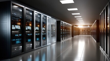 Fototapeta premium Inside a high-tech server room, a glowing data center is illuminated by blue and purple lights amidst a dark, sleek environment