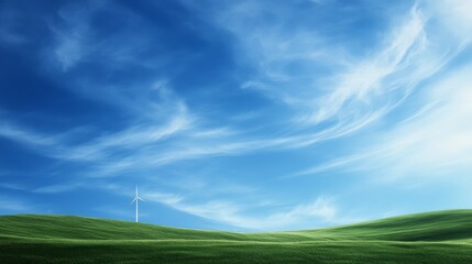 Obraz premium A single wind turbine towers over rolling green fields under a bright blue sky, highlighting the significance of renewable energy in modern agriculture