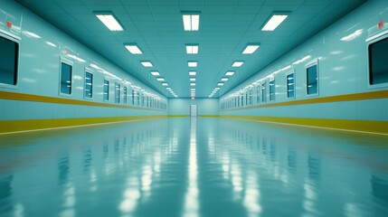 Fototapeta premium Long corridor in a hospital features high gloss floors and luminous overhead lights, drawing attention to the open door at the end. Clean and inviting space