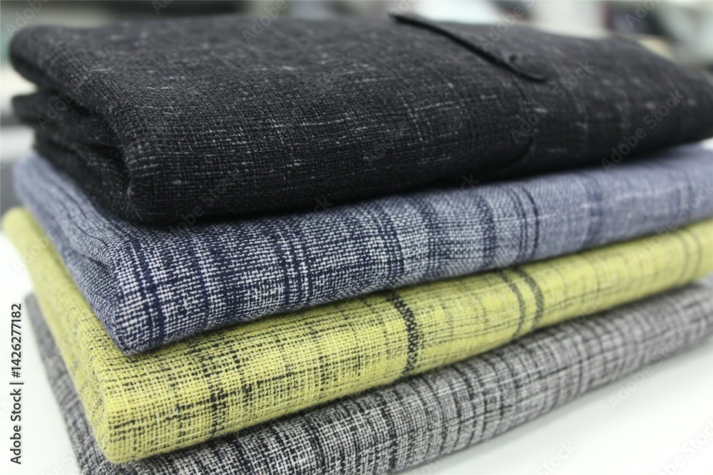 Aufkleber Folded fabric swatches in various colors displayed neatly for textile design at a workshop in the afternoon