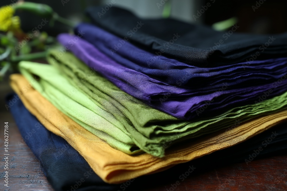 Poster vibrant colors of folded fabric arranged neatly on a wooden surface with greenery in the background
