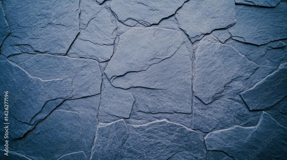 Poster textured close-up of a rugged stone wall featuring varied patterns of slate-gray, deep blue, and cha