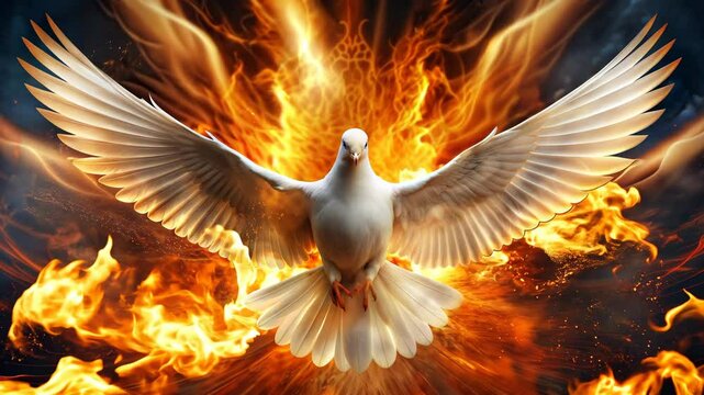 Holy Spirit dove with open wings flying in fiery flames 4K