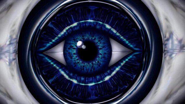 Abstract video concept featuring a swirling vortex with a central blue eye. Close-up angle enhances the hypnotic, surreal style.