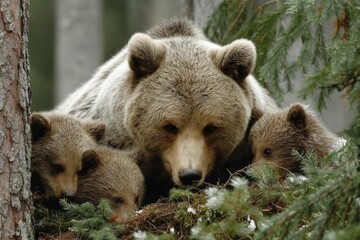 Obraz premium Mother bear and her three cubs exploring the forest floor during springtime in a serene woodland setting