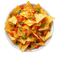 Delicious tortilla chips topped with melted cheese, fresh tomatoes, and green onions in a white bowl served for a casual snack