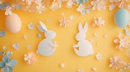 Paper easter bunnies with colorful eggs and flowers on yellow background

