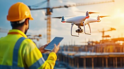 Focused male construction worker operating a drone at a building site during sunset.