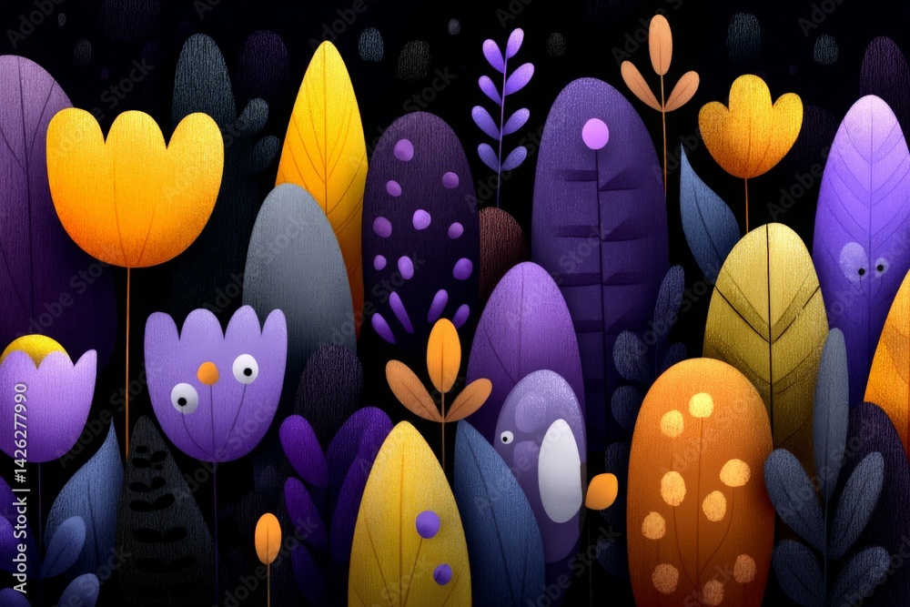 Poster colorful illustration of whimsical flowers and plants in a dark background setting with unique shape