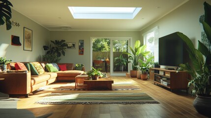 Bright living room with a skylight, potted greenery, and open layout
