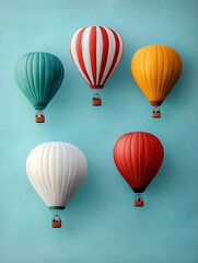 Colorful hot air balloons in a soft blue sky, adventurous and bright
