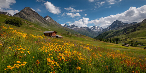 Fototapeta premium Alpine meadow with wildflowers and a wooden cabin, nestled amidst majestic mountains under a vibrant blue sky, showcasing scenic beauty and tranquility