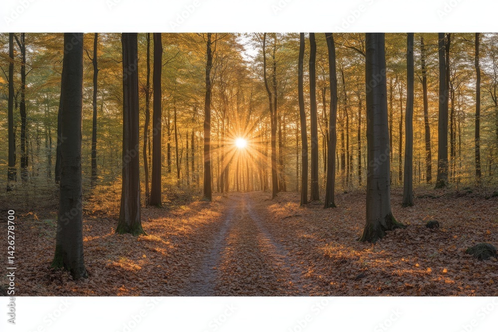 Poster sunset casts a warm glow through a tranquil forest path lined with autumn leaves during golden hour 
