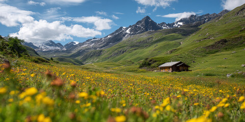 Alpine cabin nestled in a vibrant yellow flower field, majestic mountains form a scenic backdrop, showcasing serene nature and tranquil escape