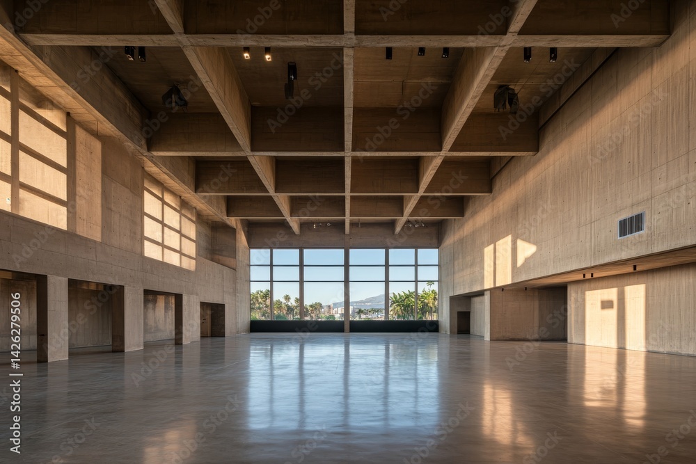 Poster wide-angle view highlights a minimalist concrete room with abstract geometric designs, illuminated b
