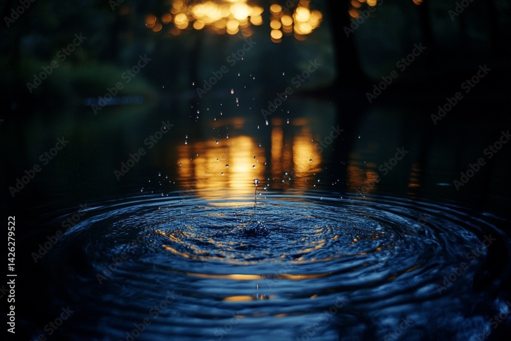 Poster water droplets create ripples at dusk in a serene forest setting reflecting golden light