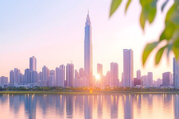 Obraz premium Sunrise cityscape reflected in calm water, modern skyscrapers, soft light