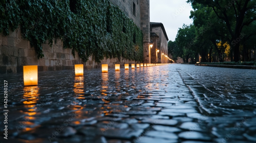 Poster A serene cobblestone street is softly lit by lanterns, creating a nostalgic atmosphere. Ivy-covered walls and rolling mist enhance the magical evening experience