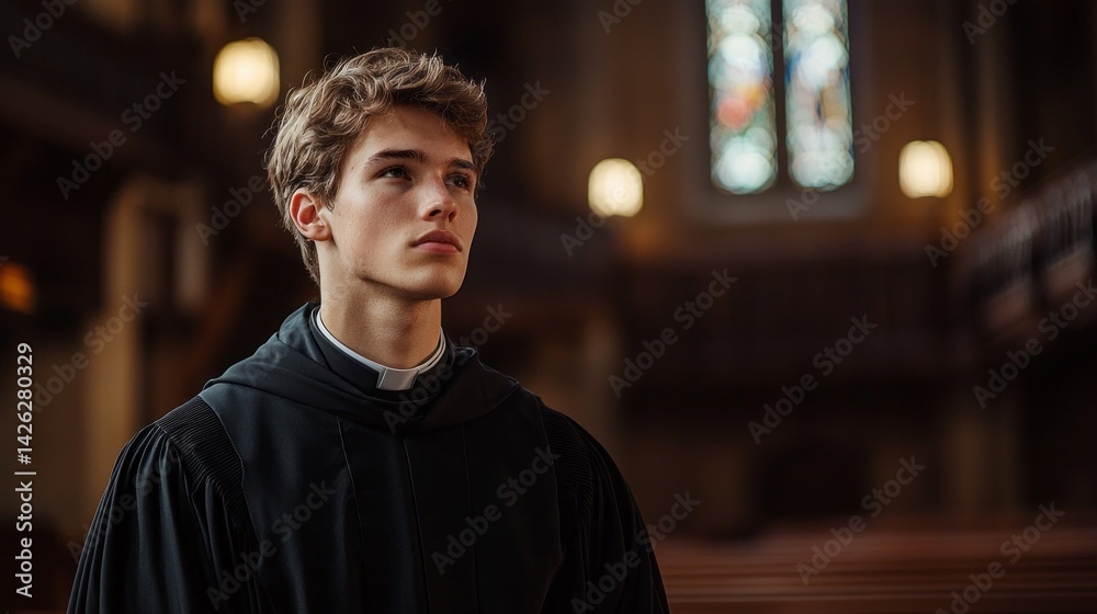 Poster with a serene expression, a young man in a black robe stands thoughtfully within a majestic cathedra