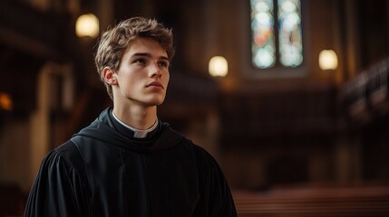 Fototapeta premium With a serene expression, a young man in a black robe stands thoughtfully within a majestic cathedral. Sunlight filters through stained glass, illuminating his face and creating a mystical atmosphere