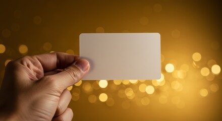 Obraz premium Hand Holding Blank Frosted Business Card Golden Bokeh - A hand holds a blank frosted business card against a golden bokeh background, symbolizing opportunity, presentation, branding, elegance