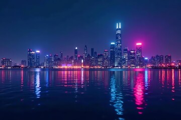 Fototapeta premium High-tech city skyline at night with neon lights reflecting on water, cityscape, technology