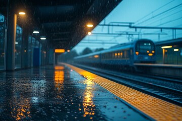 Rainy evening at a train station with reflections on the platform and an approaching train in the distance