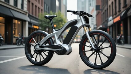 Luxury E-Bike in Futuristic Cityscape – Cutting-Edge Transportation Concept