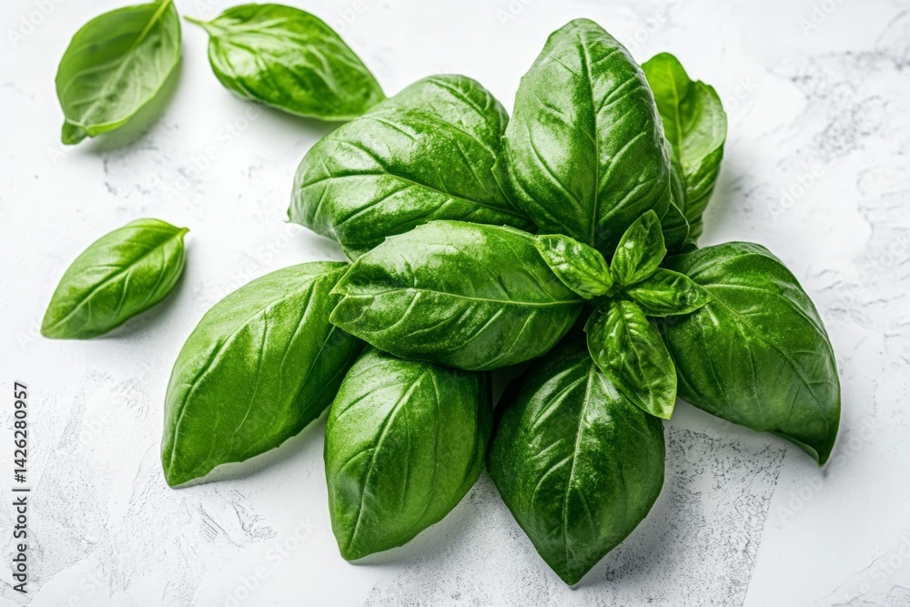 Poster fresh green basil leaves arranged on a light surface showcasing their vibrant color and texture in a