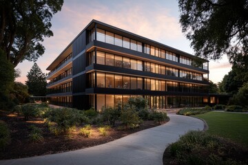 Obraz premium A contemporary high-rise apartment building is illuminated by golden afternoon light, set within lush gardens that enhance its modern appeal