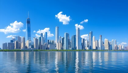 Fototapeta premium Panoramic cityscape skyline reflected in calm water under a vibrant blue sky