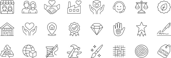 Fototapeta premium Ethical product line icon set. Vector pictograms of personalized, signature, factory, needle, artisan craft, anvil, paintbrush, thin linear illustration.