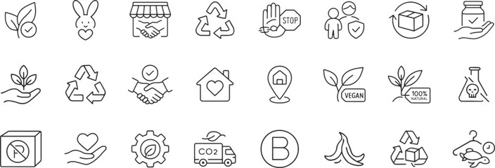 Ethical production line icon set. Vector pictograms of eco, friendly, vegan, plastic free, organic ingredients, recyclable, certified, non toxic, thin linear illustration.