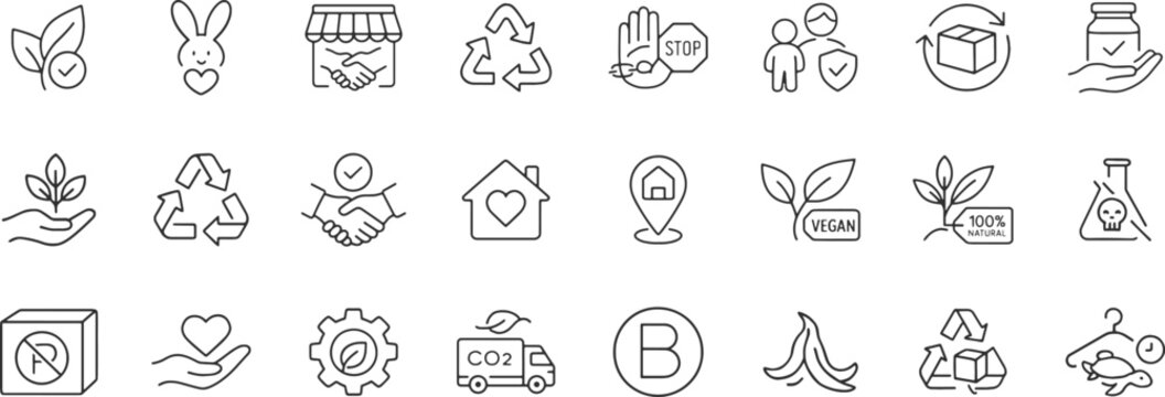 Ethical production line icon set. Vector pictograms of eco, friendly, vegan, plastic free, organic ingredients, recyclable, certified, non toxic, thin linear illustration.