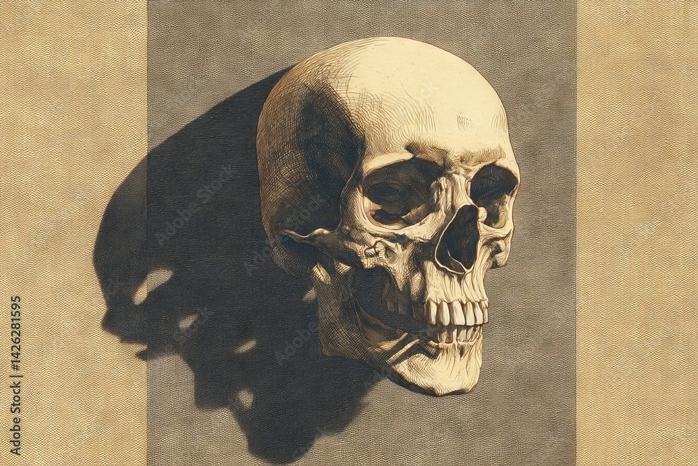 Poster skull sculpture with intricate details casting a dramatic shadow against a textured background