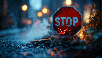Stop Smoking Campaign Burning Cigarette and Stop Sign Represent Anti Drug Day