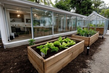 A minimalistic and tidy greenhouse is filled with vibrant produce, reflecting a commitment to sustainable living and the beauty of home gardening in urban areas.