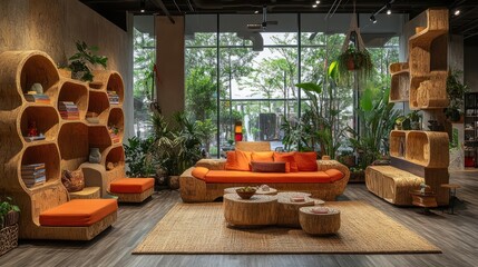 An office space featuring innovative decor made from recycled materials, including glass walls and cardboard furniture 